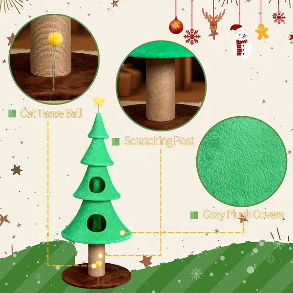 59in Large Tall Christmas Tree Cat Tower with 2 Cat Condos & Scratching Post, Soft Fleece Cat Tree with Teaser Toy &...