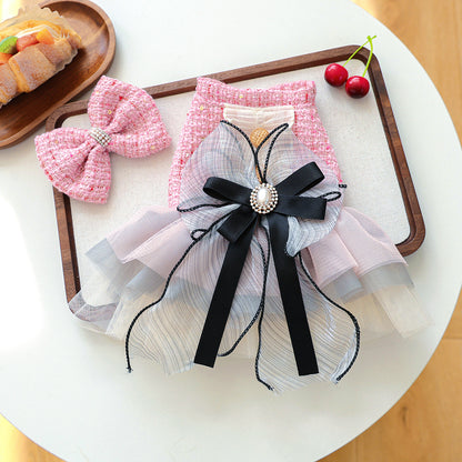 Cute Pet Chanel-Style Bow Hair Clip And Bib Accessory Set