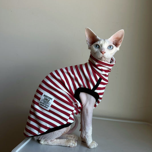 Sphynx Cat Spring Sleeveless Shirt Red And White Striped Fashion Clothes For Hairless Cats Devon Rex
