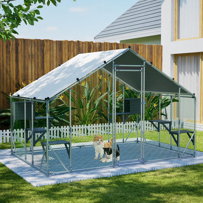 Extra Sturdy 3x2m Outdoor Metal Cat Cage -DIY Solid Wood Platform, Double Safety Lock & Enhanced Stability, Multi-Pet Use, Waterproof Tarp Included