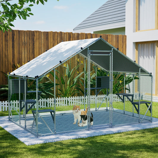 Extra Sturdy 3x2m Outdoor Metal Cat Cage -DIY Solid Wood Platform, Double Safety Lock & Enhanced Stability, Multi-Pet Use, Waterproof Tarp Included