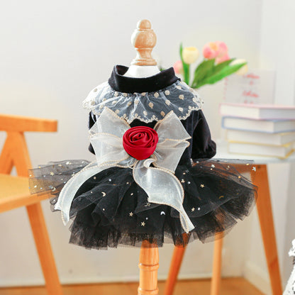Small Dog Puppy Outfit Black Velvet Rose Dress