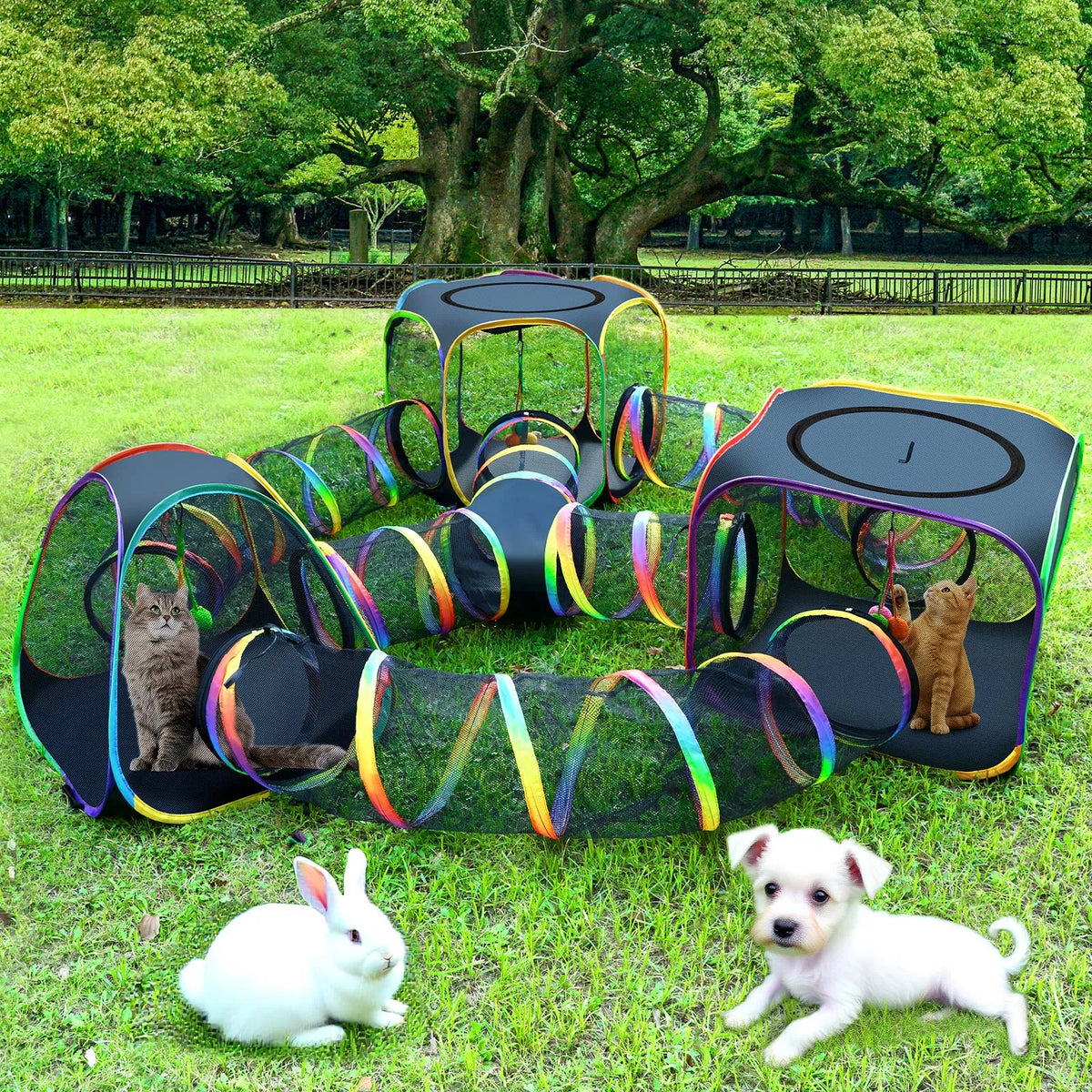 Portable Cat Enclosure - 7-in-1 Outdoor Catio with Tent & Tunnel, Foldable Playpen for Indoor Cats, Includes Storage Bag for Cats & Small Animals Rainbow Color