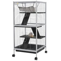 PawHut Rolling Small Animal Cage With Hammock, Ferret Cage, Chinchilla Cage, Pet Habitat With 6 Doors, Removable Tray