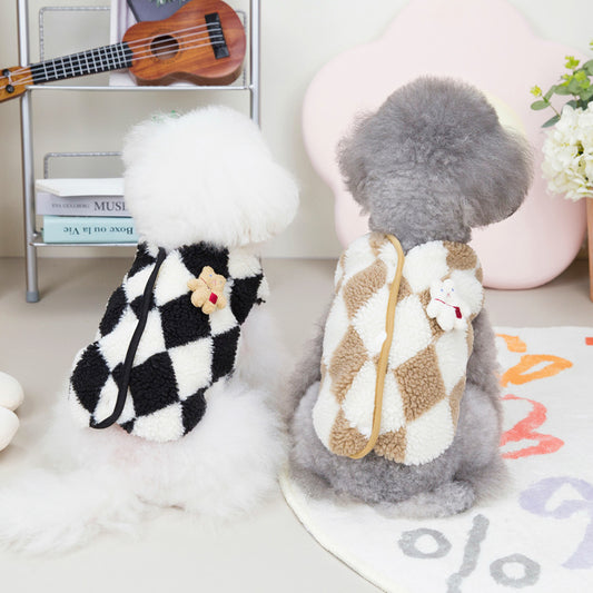 Pet Checkerboard Vest Cat Dog Plush Autumn Winter Jacket Kitten Puppy Warm Cotton Coat Diamond Velvet Pet Clothing...