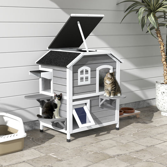 2-Story Cat House Outdoor, Weatherproof Wooden Cat Enclosure for Feral Cats with Escape Door, Openable Roof, Jumping...