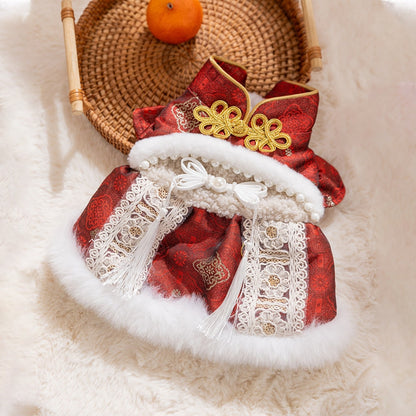 Luxury Chinese New Year Pet Qipao Dress With Lace & Faux Fur Trim, Festive Red Dog Gown For Lunar New Year Celebrations