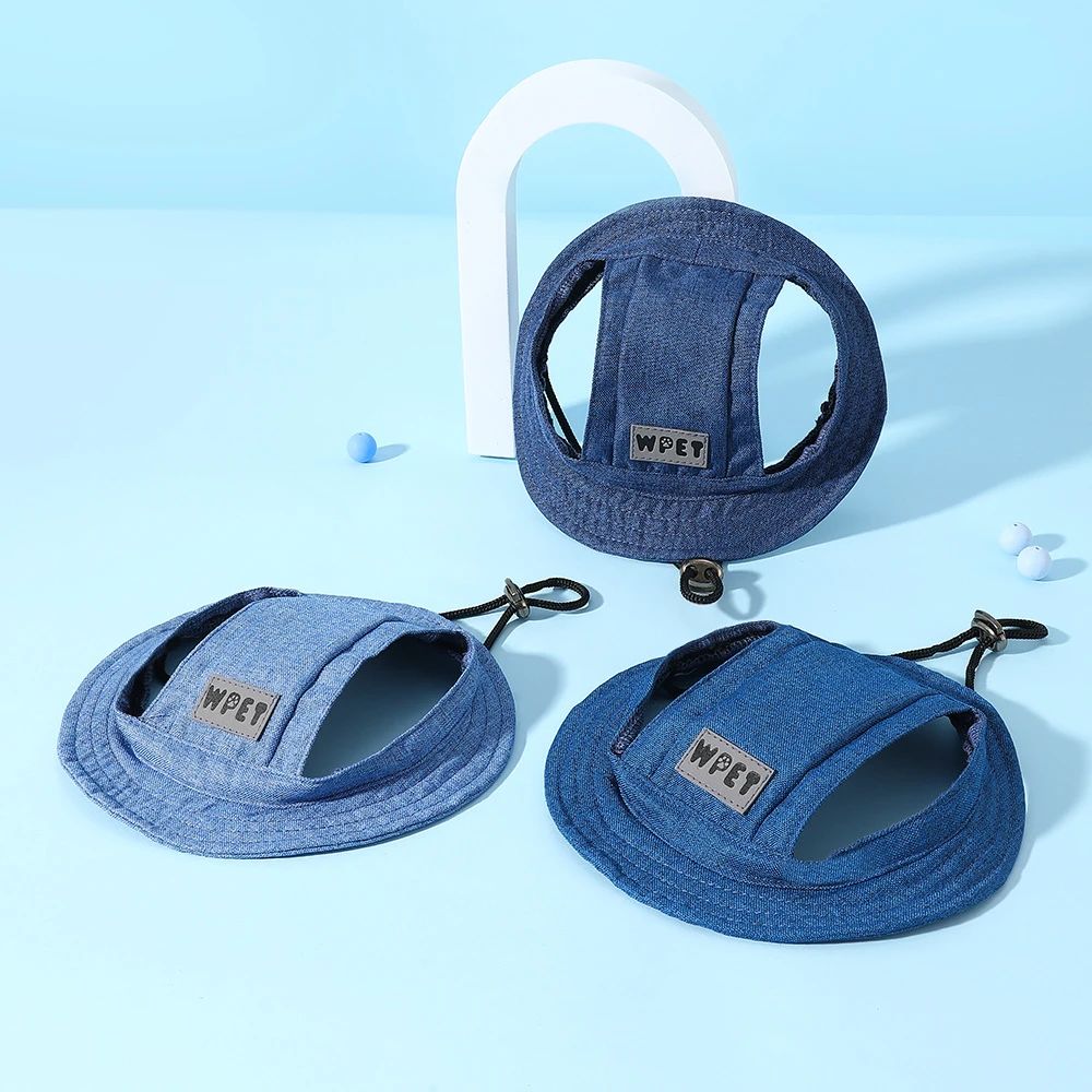 Pet Hat With Ear Holes For Medium Small Dogs Adjustable Summer Pets Dog Outdoor Sun Cap Cat Puppy Denim Color Canvas Visor Caps