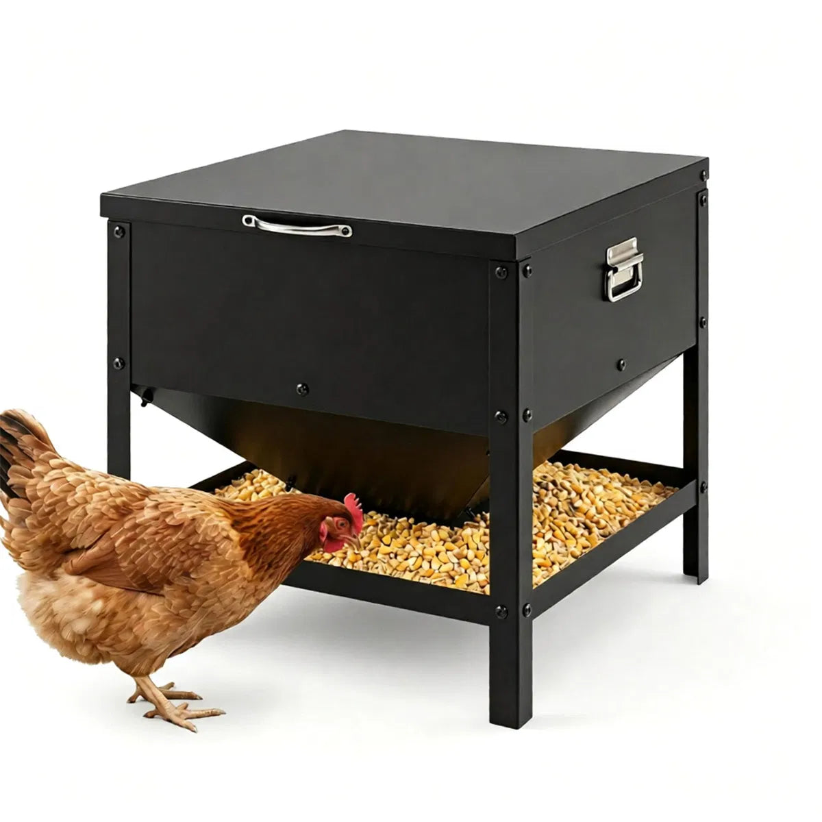 Heavy Duty Stainless Steel Chicken Feed Hopper with Lift Top Cover, Raised Legs Spill-Proof Poultry Feeding Box for Backyard Flock Low Refill Frequency