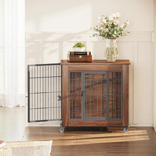 27.2" Dog Crate Furniture with Wheels for Small Dogs, Heavy Duty Dog Kennel Indoor with 2 Doors, Wooden Pet Cage End Table, Double-Doors Sturdy Metal Dog Cage for Anxiety Dog