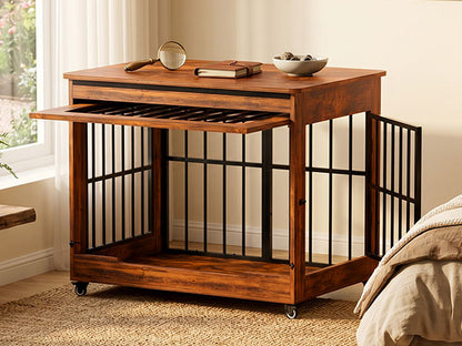 46in Large Dog Crate Furniture, Double Door Wooden Indoor Dog Kennel Furniture, Decorative Pet Cage End Table With Wheels For Extra Large Breed Dogs, Size 2XL, Greige
