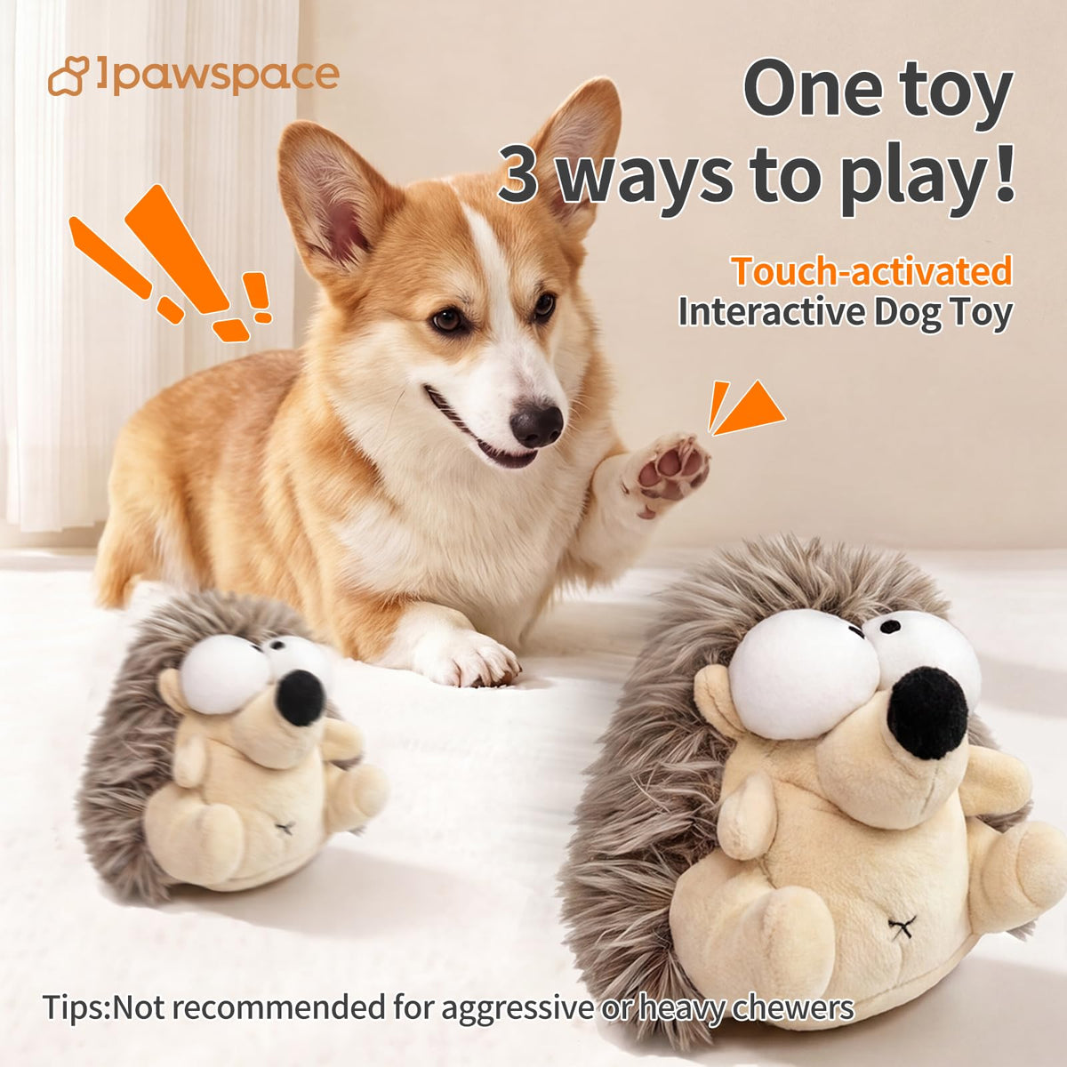 Interactive Dog Toys, Moving Squeaky Plush Dog Toy-Hedgehog Gentle Average Chewer,Bounce  Vibration  Sound,Touch-activated,Washable Plush Cover,Type-C Rechargable