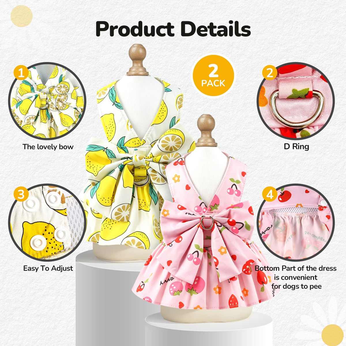 2Pack Small Dog Harness Dress For Girl Puppy Cat Dress With Flower Pattern Bow Adjustable Breathable Lining Back D-Ring Cute Outfits For Small Puppy, Cat Dresses For Cats Only Or Dog Girl Clothes