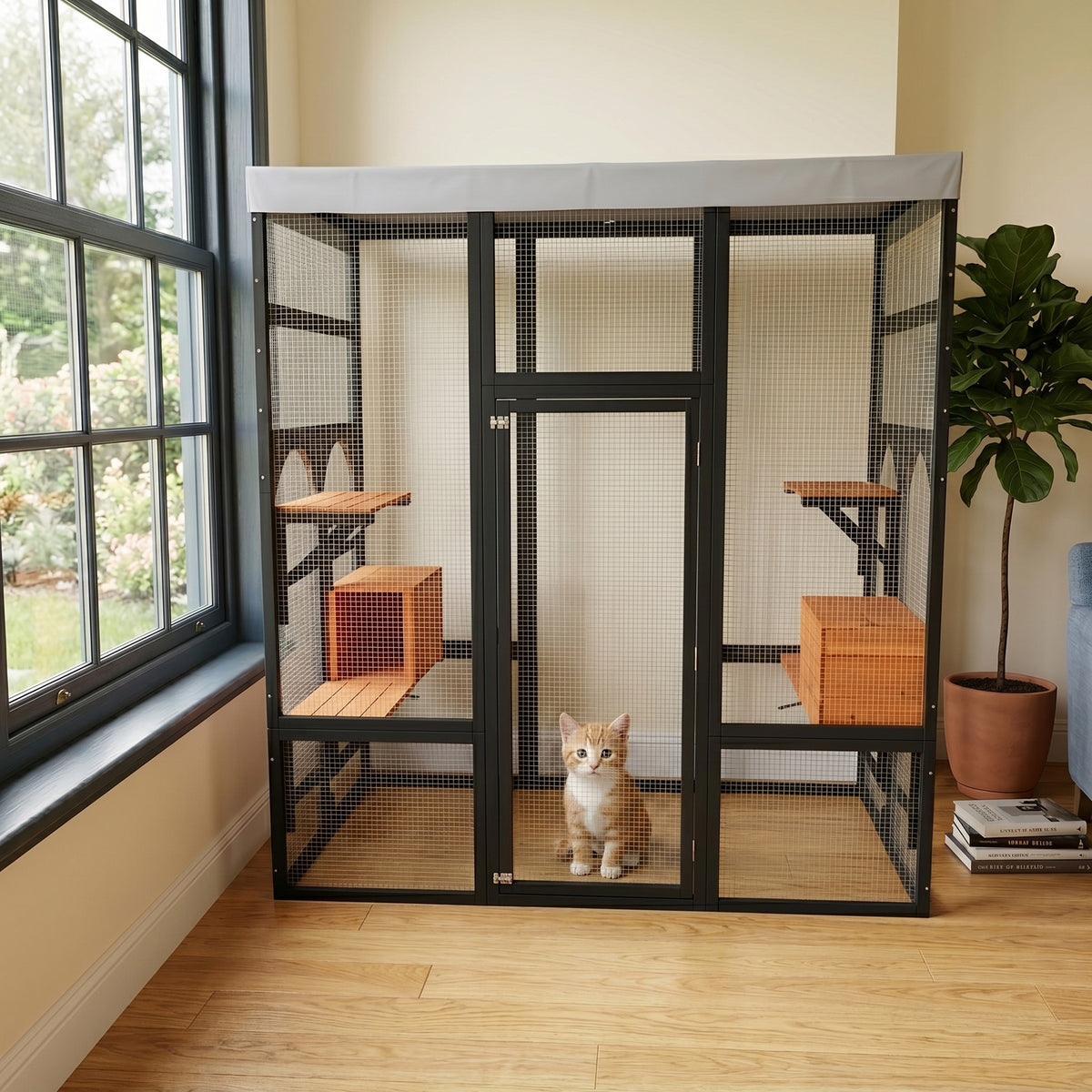 Large Outdoor Cat Enclosure Catio with 5 Platforms & 2 Napping Houses, Secure Metal Wire, Easy Assembly for Indoor & Outdoor Use