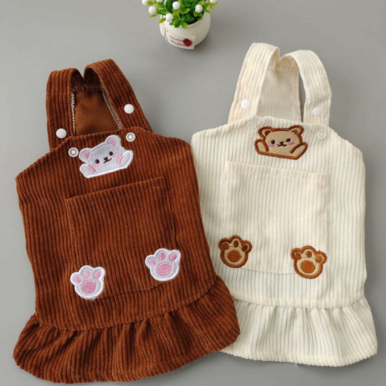 Bear Embroidered Corduroy Dress with Straps - Pet Clothing
