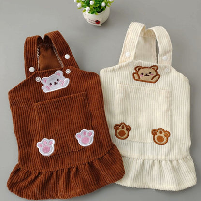 Bear Embroidered Corduroy Dress with Straps - Pet Clothing