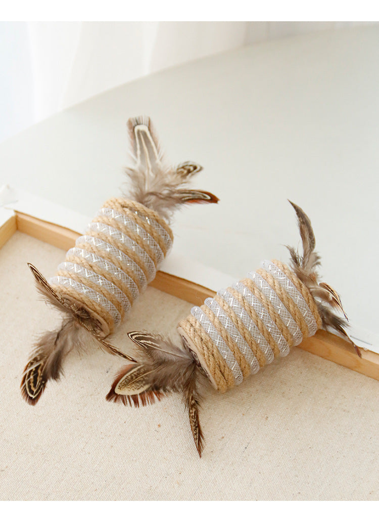 Toy With Cat Feathers Hemp Rope For Scratching Self-grinding Claw Sound Roller For Pets Bite Resistant Toy