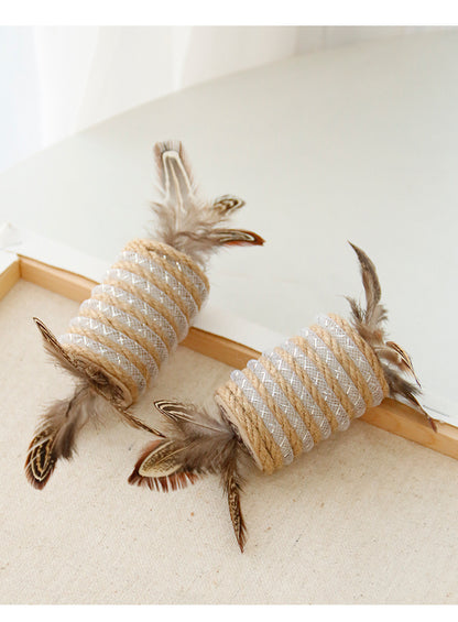 Toy With Cat Feathers Hemp Rope For Scratching Self-grinding Claw Sound Roller For Pets Bite Resistant Toy