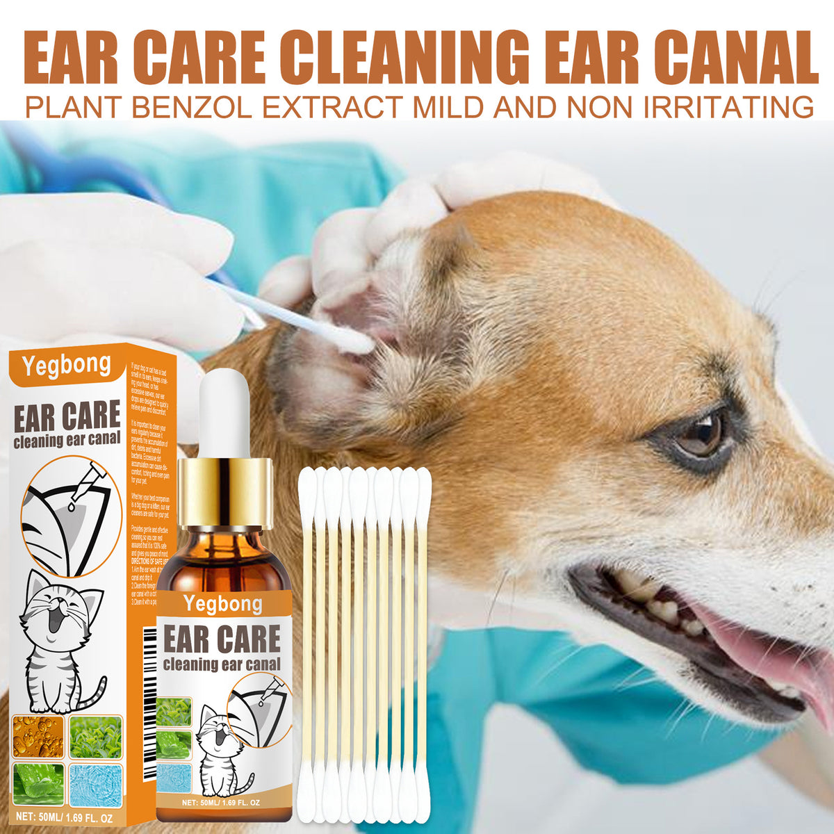 Yegbong Pet Ear Cleansing Liquid Cat And Dog Ear Mite Removal Cleaning Ear Drops For Cleaning Ear Canals And Deodorizing With Cotton Swabs