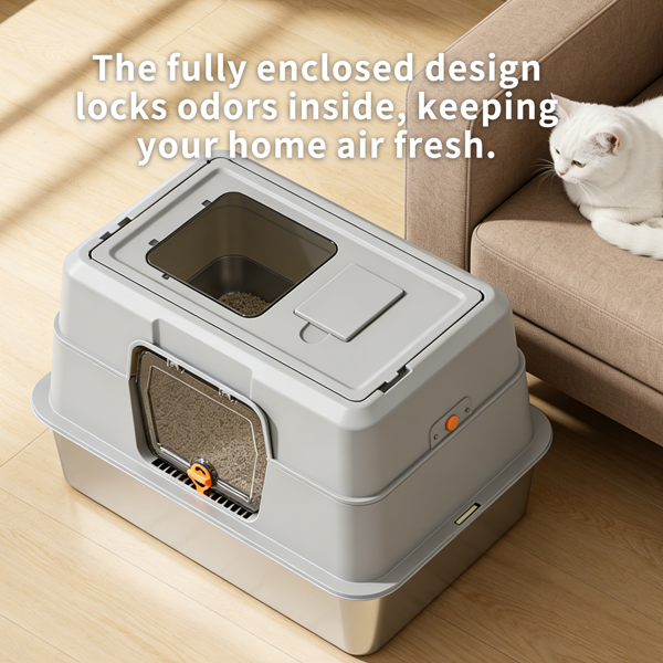 Grey Stainless Steel Fully Enclosed Cat Litter Box, Durable Enclosed Cat Litter Box, High Side To Prevent Scattering