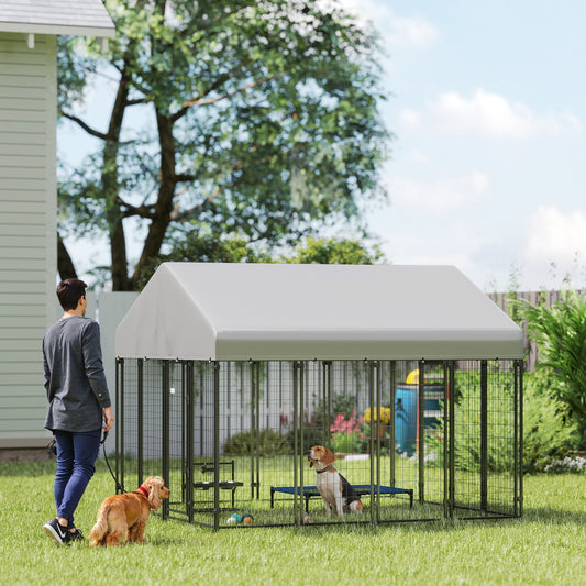 Outdoor Dog Kennel with Roof, 8 x 8 x 6 Heavy Duty Welded Wire Dog Playpen Enclosure with Escape-proof Lock