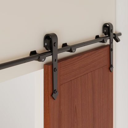 6FT Barn Door Hardware Kit Heavy Duty Sliding Door Track Kit With Floor Guide For Interior Exterior Fit 30-32in Wide Panel Sword Style J Shape Hanger