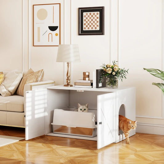PawHut Cat Litter Box Enclosure With Barn Door, Cat Hole, White