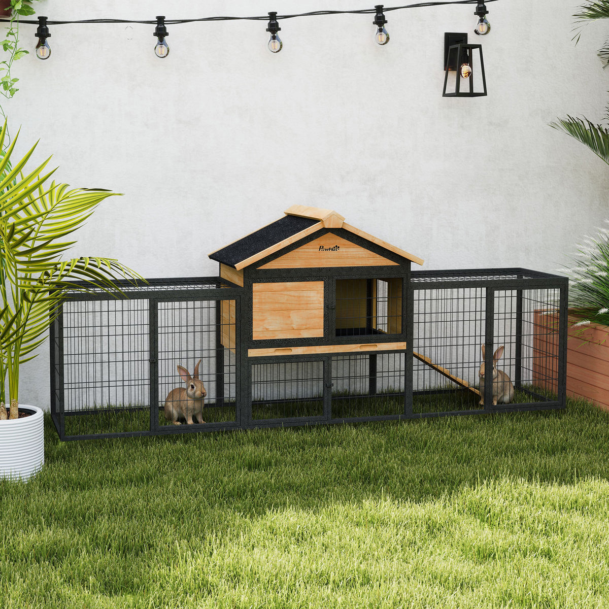 Wooden Rabbit Hutch Outdoor, 85" Large Bunny Cage with Steel Run, Removable Plastic Tray, Asphalt Roof, Ramp
