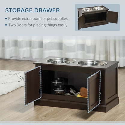 Elevated Dog Bowls With Storage, Two Stainless Steel Bowls For Large Dogs, Coffee