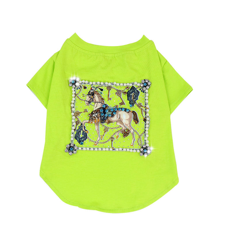 Schnauzer Teddy Clothes Summer Thin T-Shirt White Horse Inlaid Diamonds - Pet Clothing