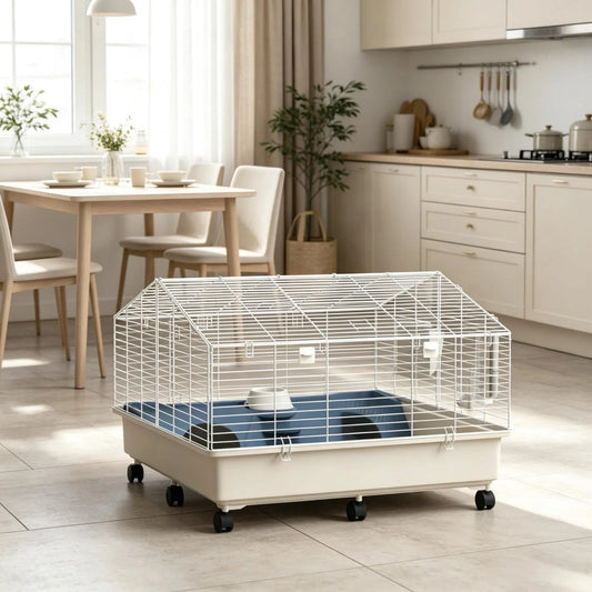 35"35"25" Rolling Small Animal Cage with Water Bottle Hay Feeder Food Dish for Rabbits Hedgehogs Guinea Pigs