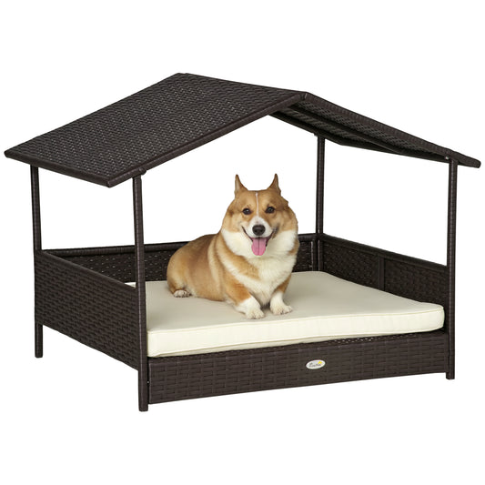 Wicker Dog House, Rattan Pet Bed, With Removable Cushion, Canopy, For Small And Medium Dogs - Cream