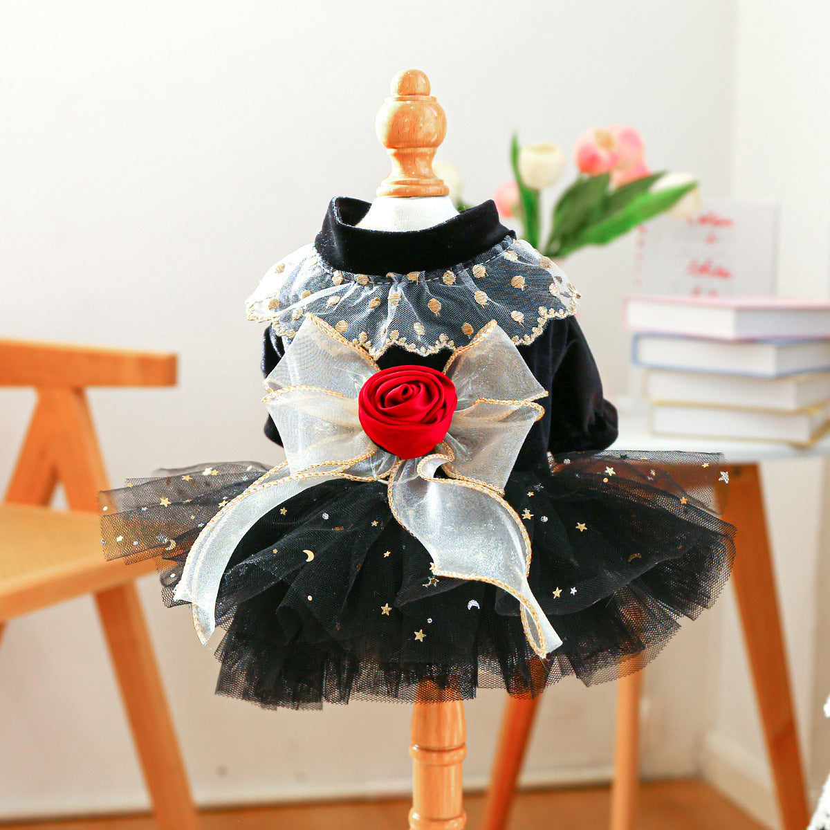 Small Dog Puppy Outfit Black Velvet Rose Dress