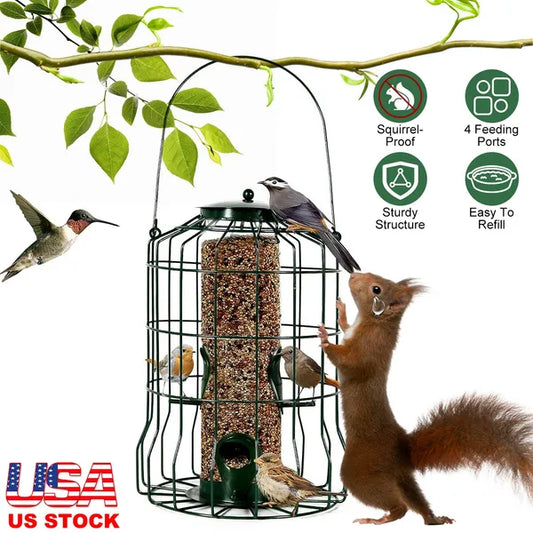 Outdoor Wild Bird Feeder Squirrel-Proof Chew-Proof Metal Hanging Seed Feeder With 4 Feeding Ports For Small Songbirds