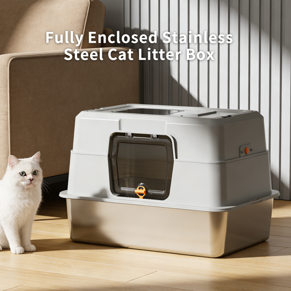 Grey Stainless Steel Fully Enclosed Cat Litter Box, Durable Enclosed Cat Litter Box, High Side To Prevent Scattering