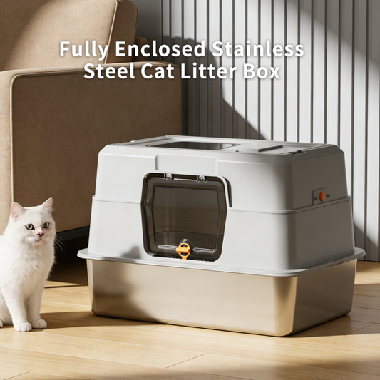 Grey Stainless Steel Fully Enclosed Cat Litter Box, Durable Enclosed Cat Litter Box, High Side To Prevent Scattering