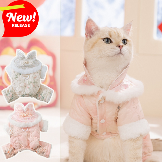 Autumn Winter Dog Overalls Thick 4-Legged Chinese Floral Tang Style Cotton-Padded Jumpsuit Pet Clothes for Small Dogs