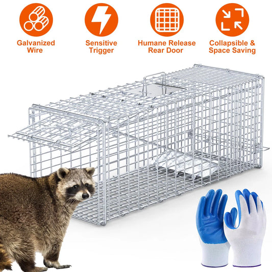 Heavy-Duty Live Animal Trap - 37x14x15 Inch Galvanized Mesh, Sensitive Pedal Trigger & Rear Release Door, Guarded...