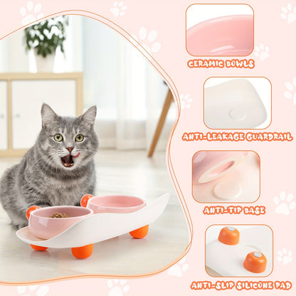 Elevated Ceramic Bowl for Cat Food Double Raised Bowl with Non Slip Support 2 Bowls for Cat Food and Water Washable...