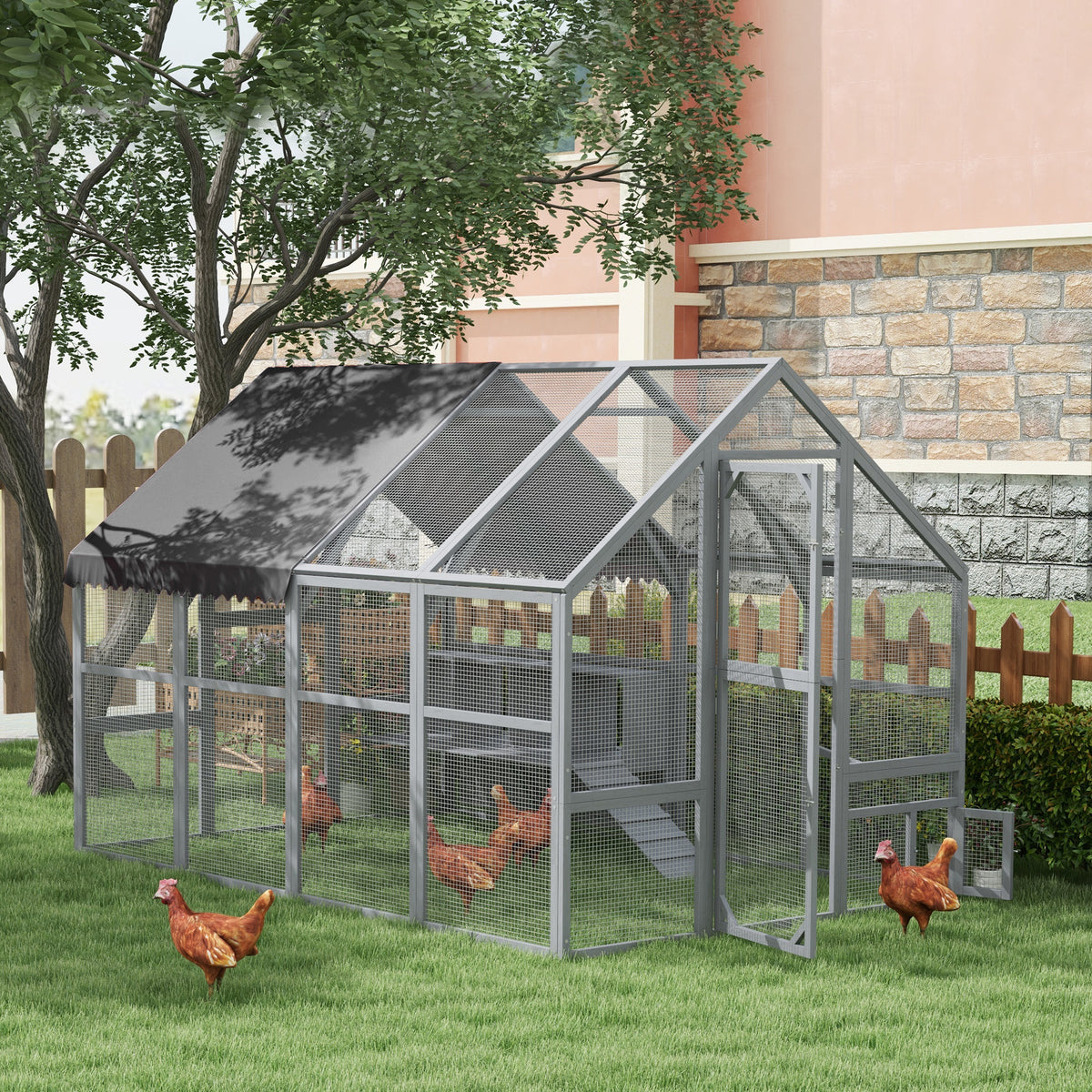 9 x 6 x 6 Large Chicken Coop with Nesting Box, Water-Resistant and Anti-UV Cover for 8-12 Chickens, Gray