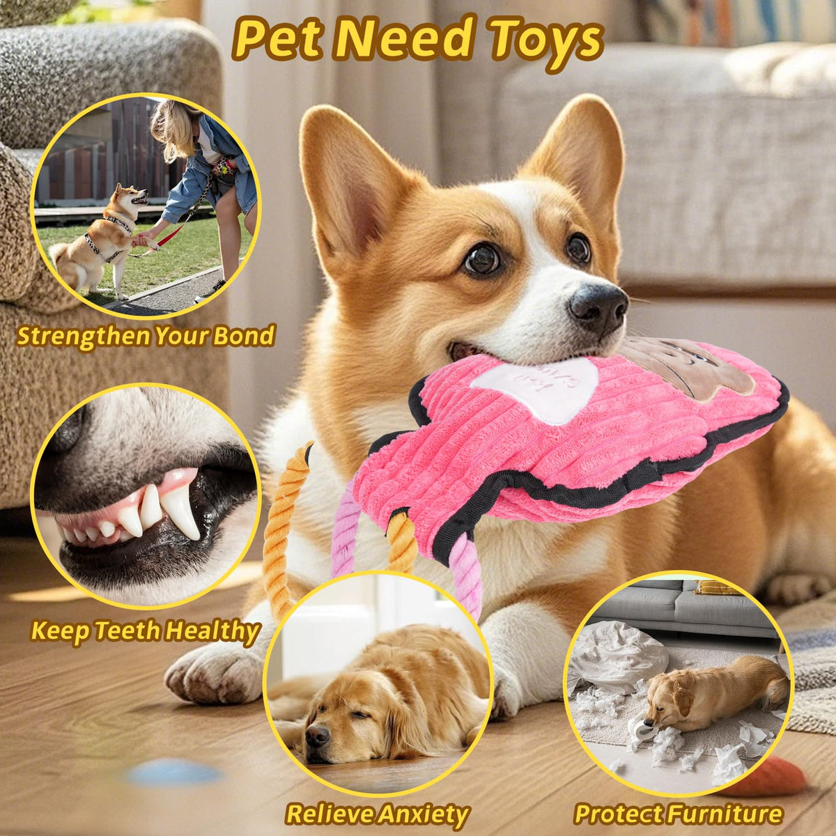 Crinkle And Squeaky Dog Toys & Tough Tug Of War Set - No Stuffing Chew-Resistant Plush Toys To Keep Them Busy, Best Birthday Gift For Small Medium Large Breeds