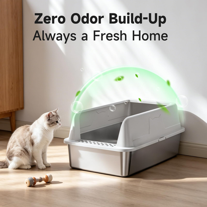 Stainless Steel Cat Litter Box For Cats, High-Sided Design Prevents Urine Leakage, Non-Stick, Easy To Clean, Includes Scoop, Gray