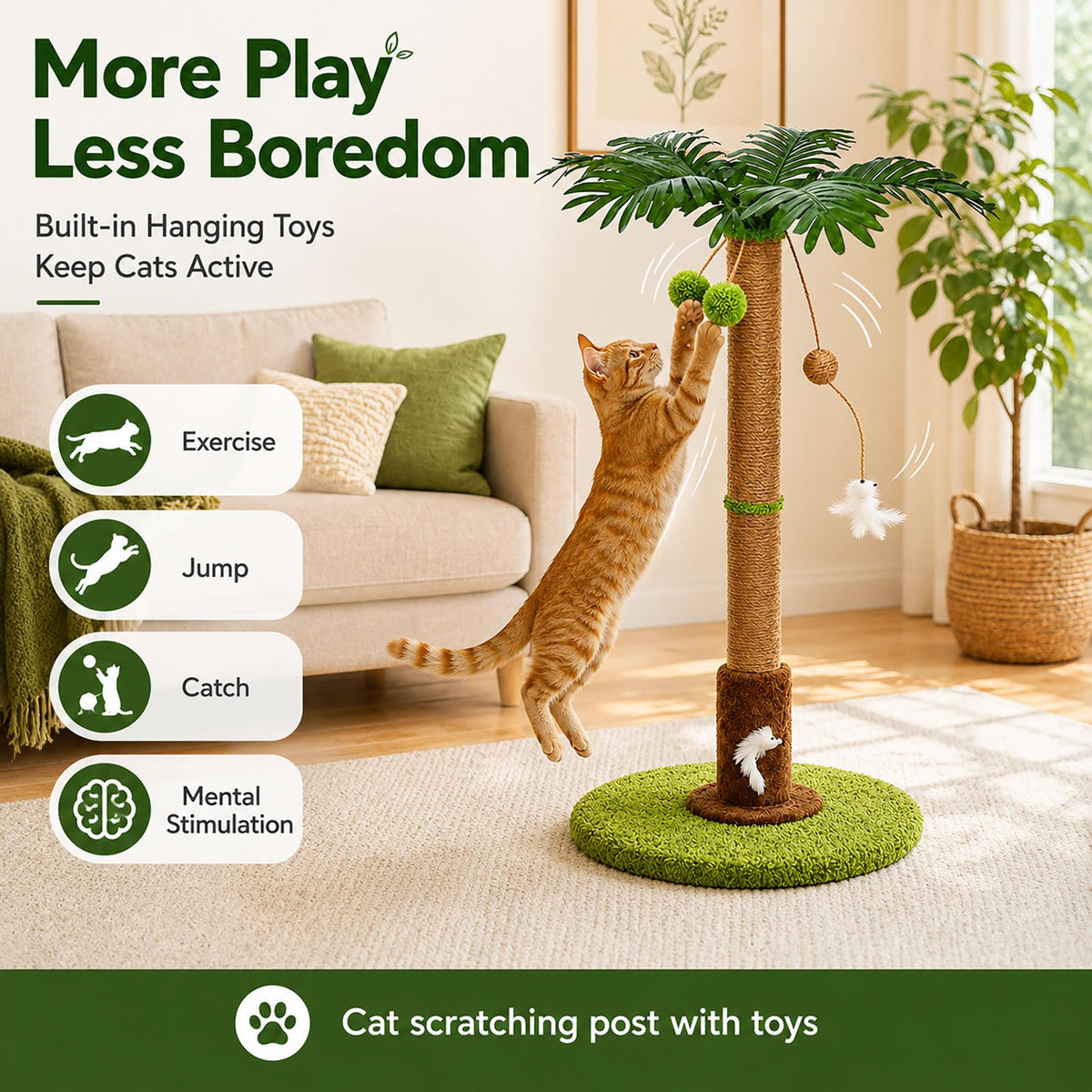 Cat Scratching Post, Sisal Scratcher With Toys For Indoor Cats  Protects Furniture While Satisfying Natural Scratching Instincts. Durable Sisal Post With Interactive Toys For Daily Play