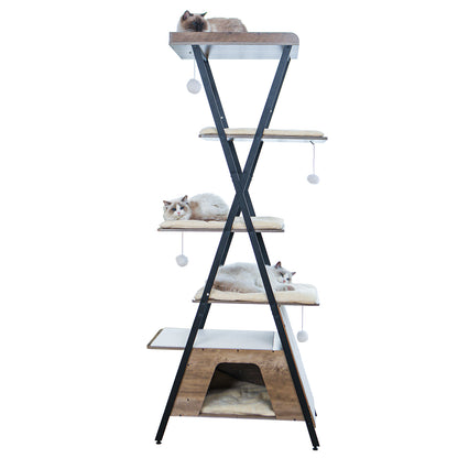 73in Modern Cat Tower For Indoor Cats - Multi-Level Cat Tree With Scratching Posts, Caves, Large Perch & Removable Pads - Wooden Cat Furniture