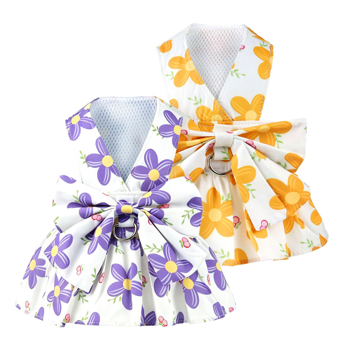 2Pack Small Dog Harness Dress For Girl Puppy Cat Dress With Flower Pattern Bow Adjustable Breathable Lining Back D-Ring Cute Outfits For Small Puppy, Cat Dresses For Cats Only Or Dog Girl Clothes