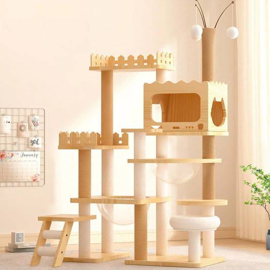 66.9" Modern Cat Tower, Wood Cat Tree Tower for Indoor Cats, Cat Treewith Sisal-Covered Scratching Posts and Top Perch, Cat Condo with Acrylic Hammock for Multi-Cat Households
