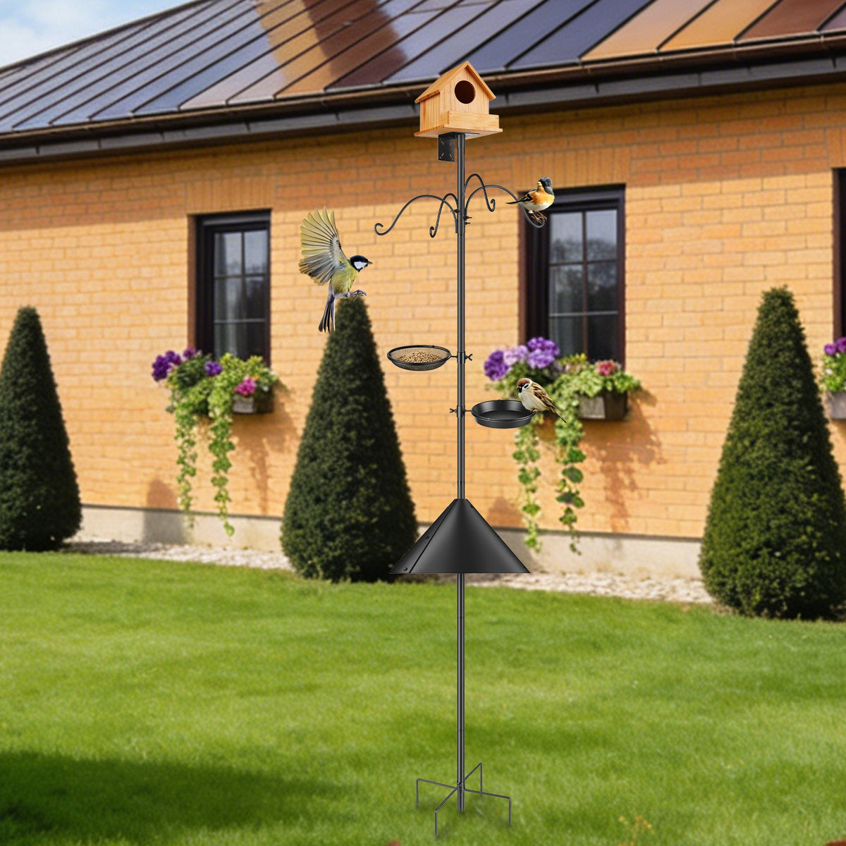 1Pc 94Inch Squirrel Proof Bird Feeder Pole Heavy-Duty Bird House Pole Outdoor Bird Feeding Station With 5 Adjustable Heights 4 Shepherd Hooks Top & Side Mount Brackets 5-Pronged Base