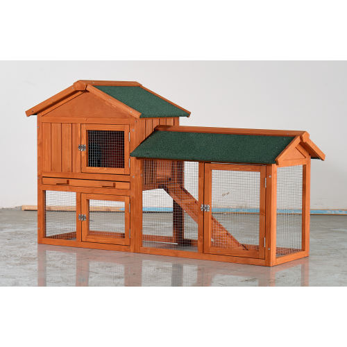 Large Wooden Rabbit Hutch, 2 Story Outdoor Bunny Cage with Waterproof Asphalt Roof, Pull-Out Tray Ramp, Fir Wood Pet...