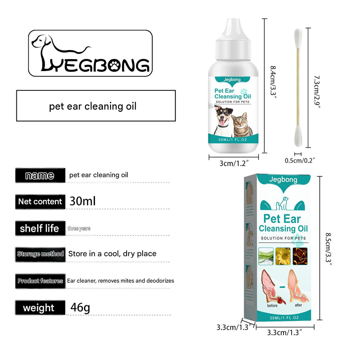 Yegbong Pet Ear Cleaning Oil For Cats And Dogs, Ear Canal Cleaning, Insect Mite Removal, Deodorization, Ear Cleaning Oil