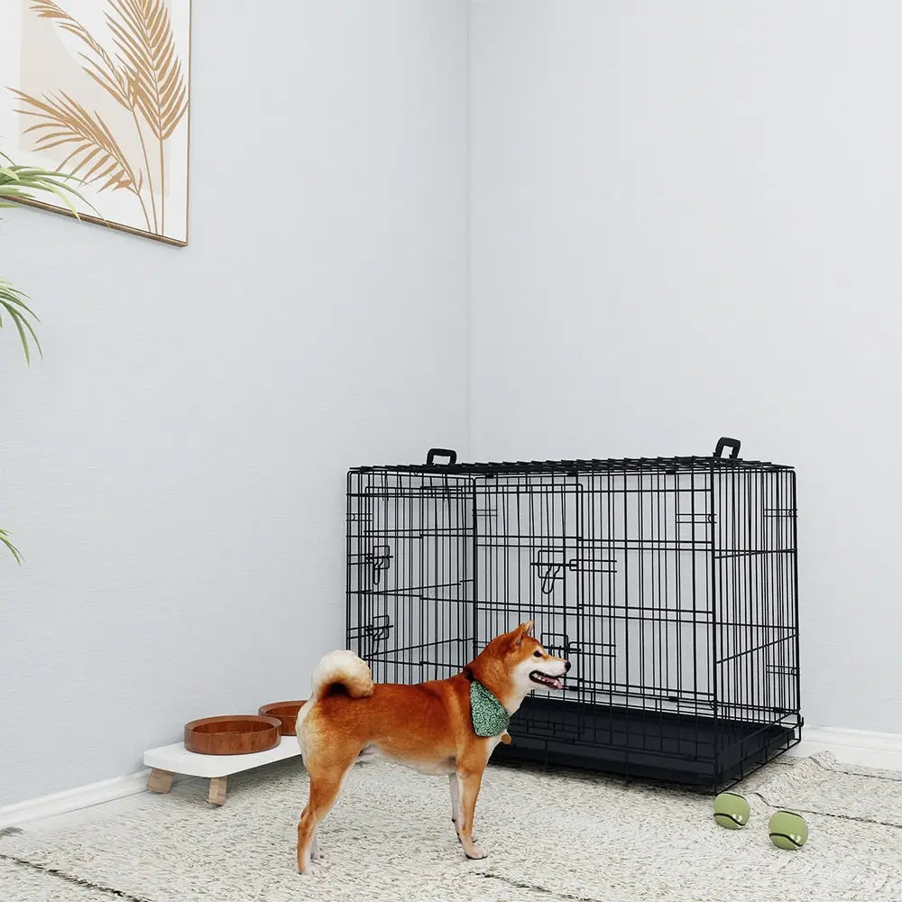 36 Inches Black Wire Dog Cage Double Lock Mechanism Two Doors Two Handles Double Bolt